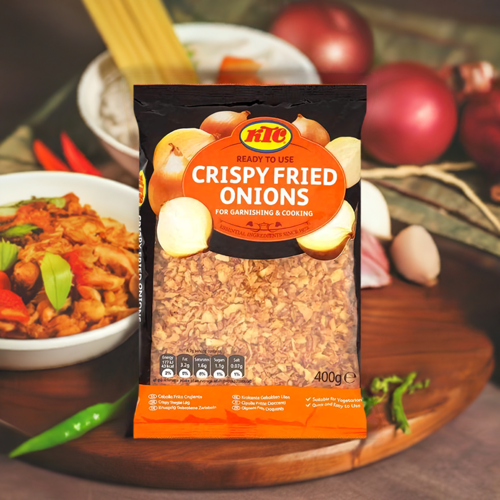 Bag of KTC Crispy Fried Onions, perfect for adding savory onion flavor to your dishes.